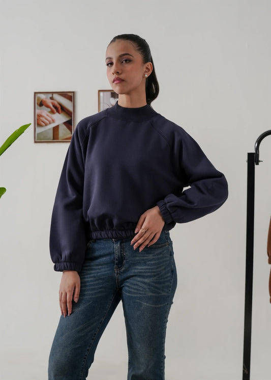 NAVY RAGLAN CROP FIT SWEATSHIRT