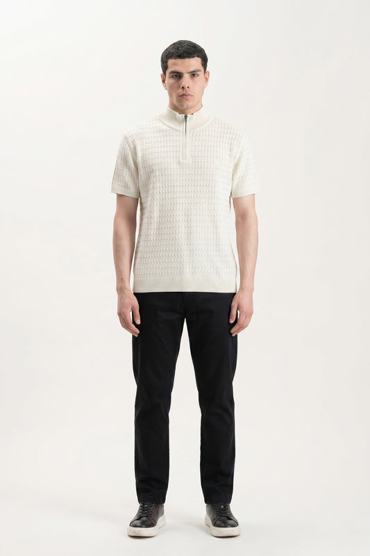 OFF WHITE MOCK NECK CABLE KNIT TEE