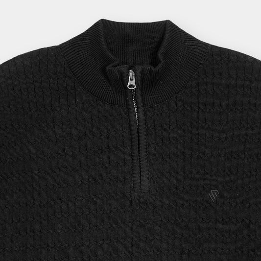 BLACK MOCK NECK CABLE KNIT TEE