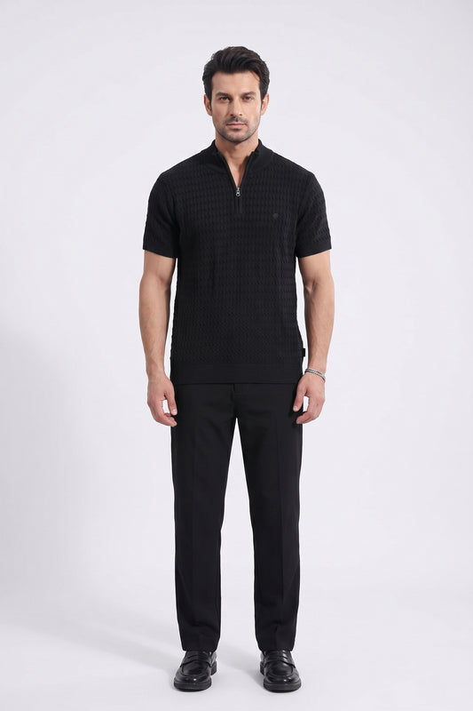 BLACK MOCK NECK CABLE KNIT TEE