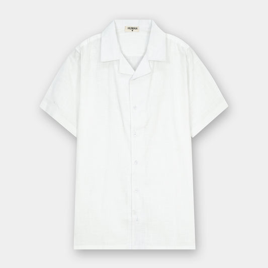 WHITE IRISH LINEN CUBAN COLLAR SHIRT