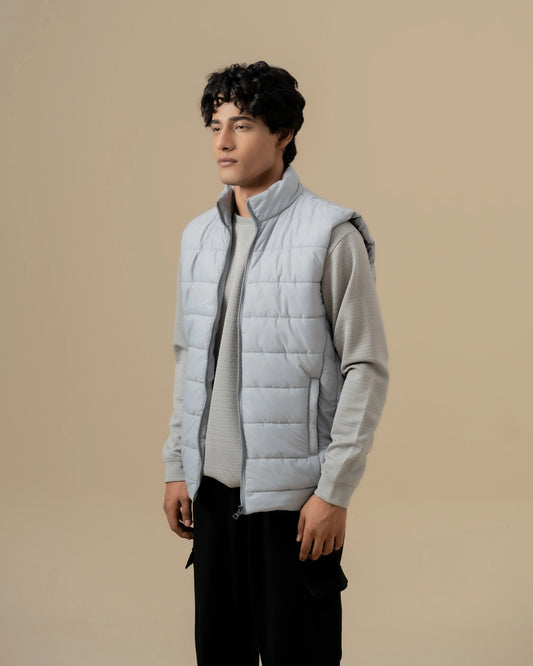 SILVER GREY SLEEVELESS PUFFER JACKET