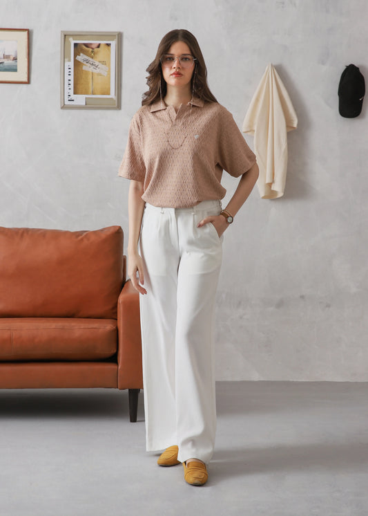 WOMEN OLD MONEY CAMEL BEIGE TEXTURED V NECK POLO