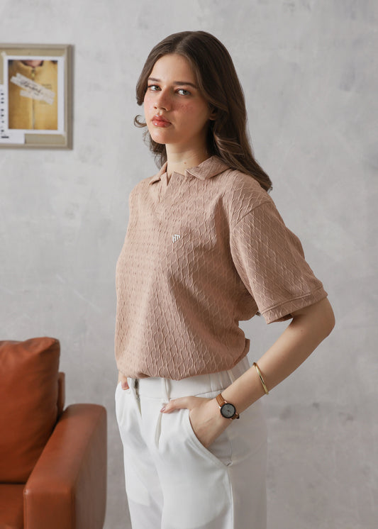 WOMEN OLD MONEY CAMEL BEIGE TEXTURED V NECK POLO