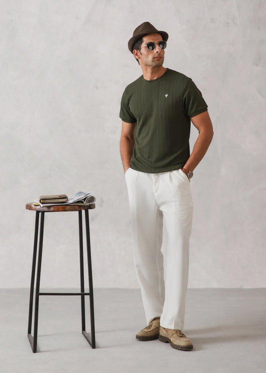 FOREST GREEN DROP NEEDLE TEXTURED KNIT TEE