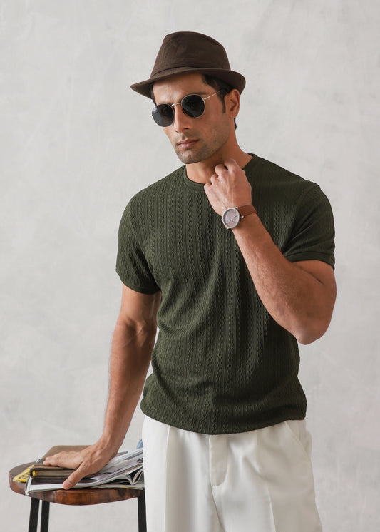 FOREST GREEN DROP NEEDLE TEXTURED KNIT TEE