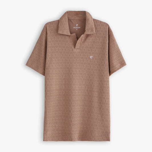 OLD MONEY CAMEL BEIGE TEXTURED V NECK POLO