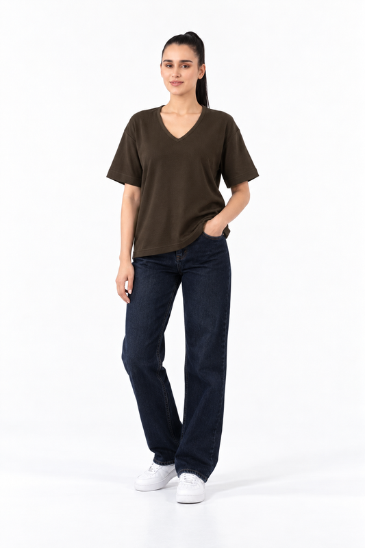 CHOCOLATE BROWN V NECK TEE
