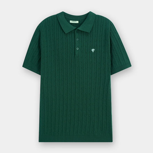 GREEN FINE CABLE KNIT TEXTURE POLO