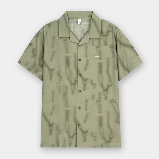 OLIVE ABSTRACT PRINTED CUBAN COLLAR SHIRT
