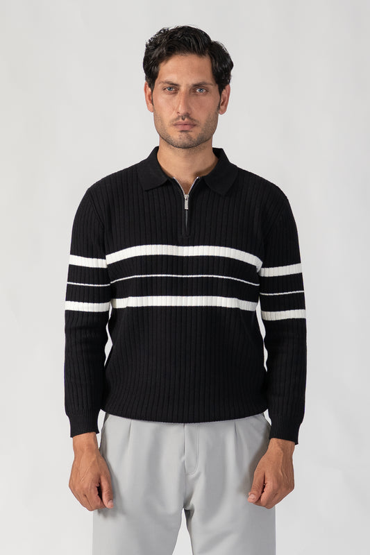 BLACK STRIPED HALF ZIP KNITTED SWEATER POLO