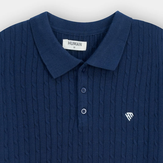 NAVY FINE CABLE KNIT TEXTURE POLO