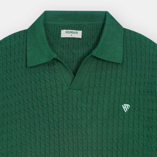 GREEN CABLE KNIT TEXTURE JOHNNY COLLAR POLO