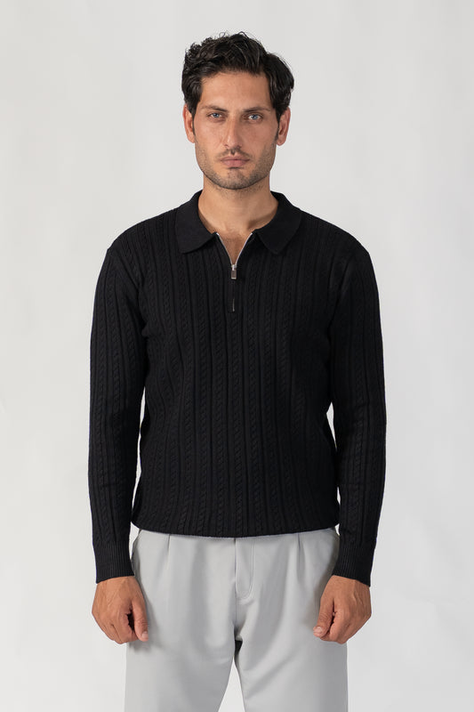 BLACK CABLE KNIT HALF ZIP SWEATER POLO