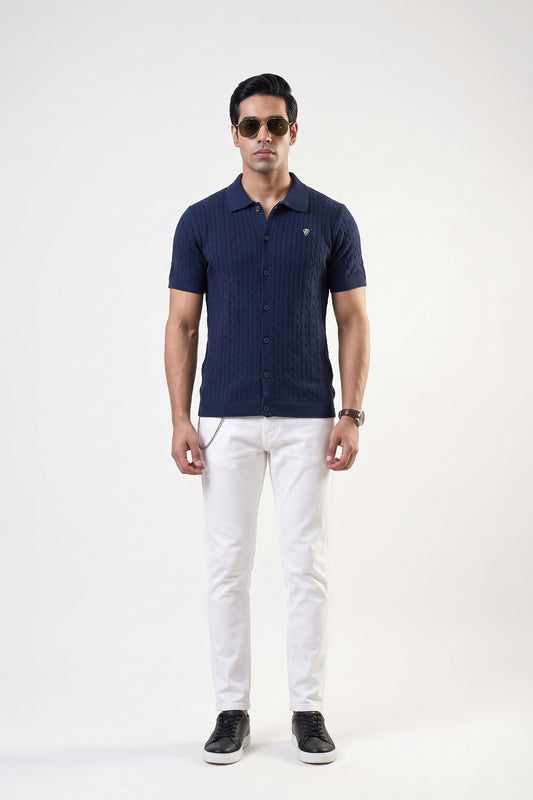 NAVY BLUE CABLE KNIT POLO