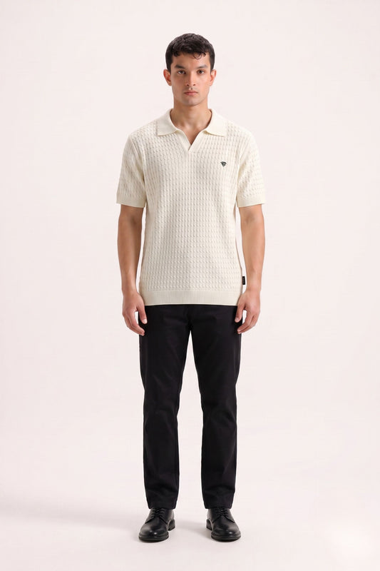 BEIGE CABLE KNIT TEXTURE JOHNNY COLLAR POLO