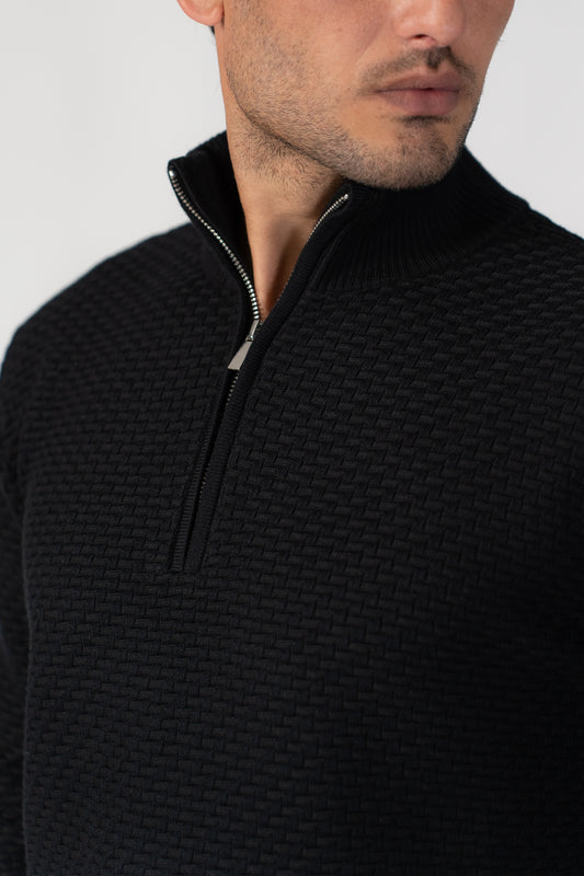 BLACK HIGH NECK HALF ZIP WAFFLE KNIT SWEATER