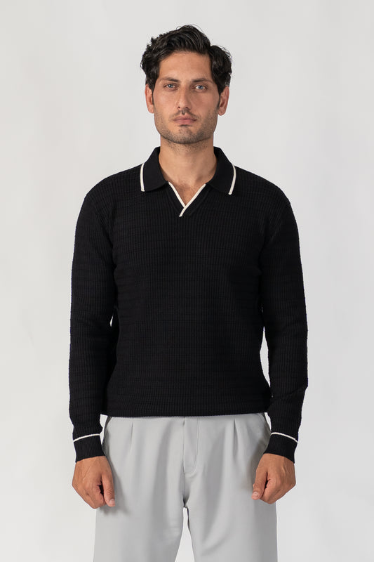 BLACK DROP NEEDLE GRID SWEATER POLO