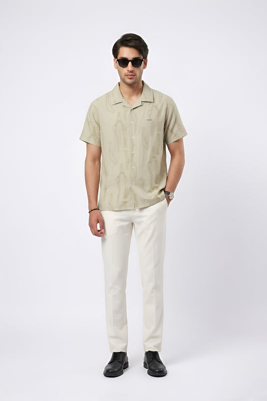 BEIGE ABSTRACT PRINTED CUBAN COLLAR SHIRT