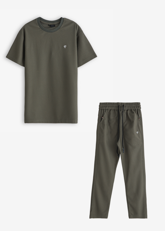 WOMEN OLIVE WAFFLE KNIT TRACKSUIT
