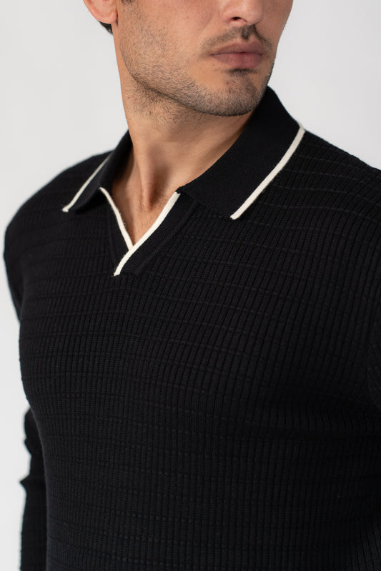 BLACK DROP NEEDLE GRID SWEATER POLO