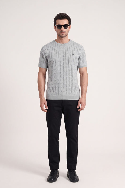GREY CABLE KNIT TEXTURE TEE