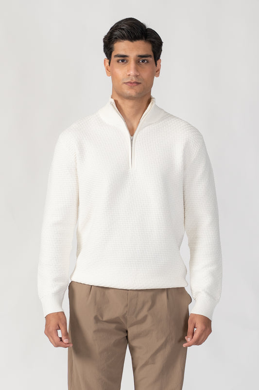 OFF WHITE HIGH NECK HALF ZIP WAFFLE KNIT SWEATER