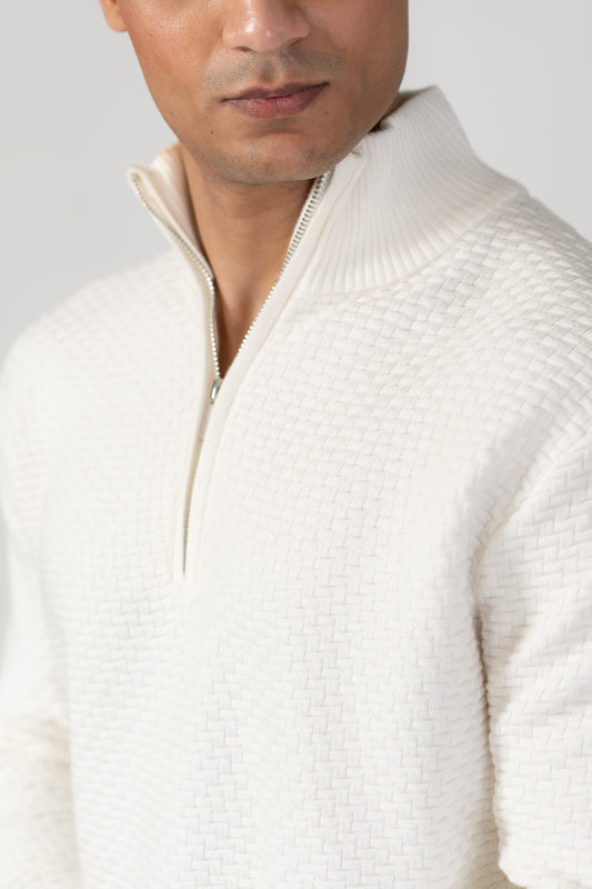 OFF WHITE HIGH NECK HALF ZIP WAFFLE KNIT SWEATER