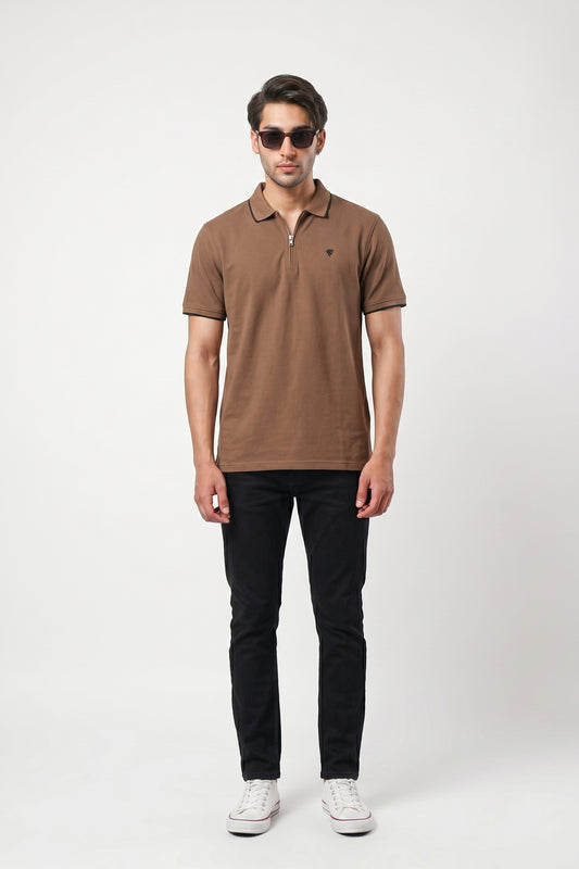 BROWN COTTON TEXTURE ZIP POLO