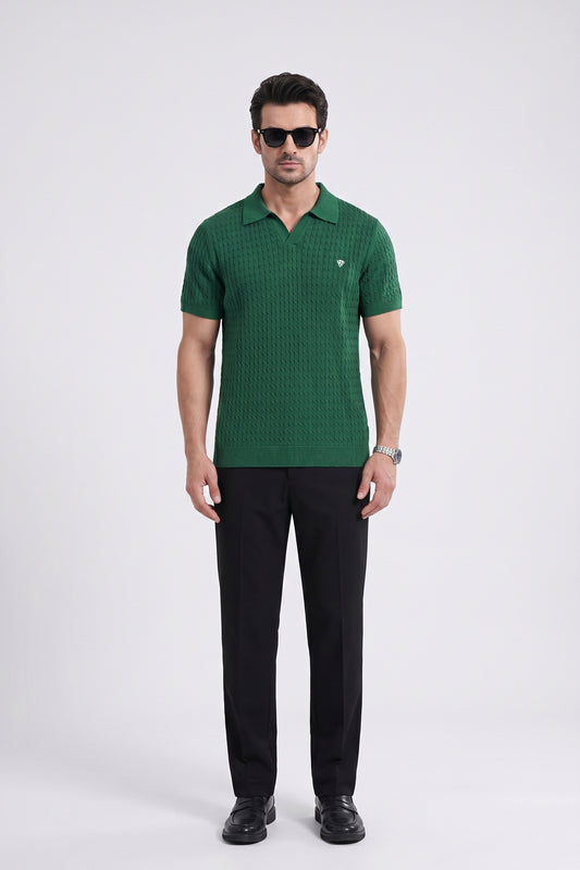 GREEN CABLE KNIT TEXTURE JOHNNY COLLAR POLO