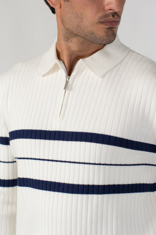 WHITE STRIPED HALF ZIP KNITTED SWEATER POLO