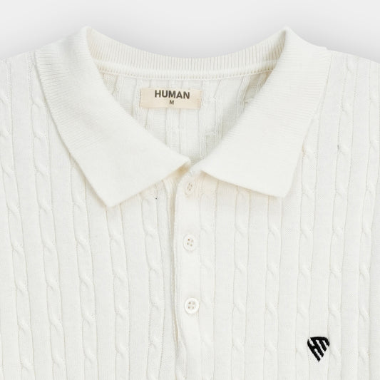 WHITE FINE CABLE KNIT TEXTURE POLO