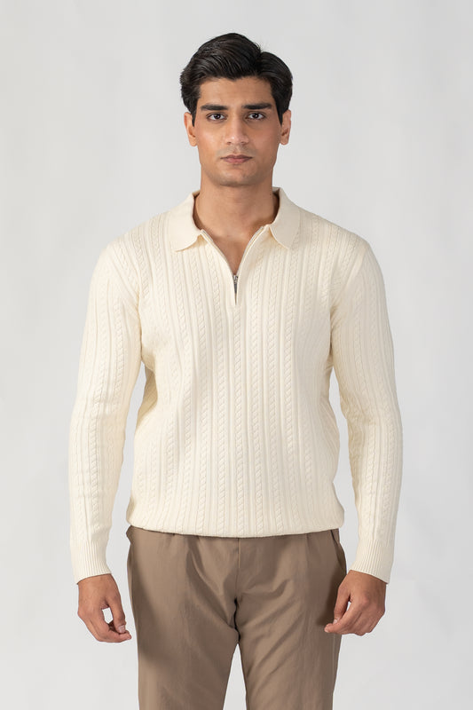 OFF WHITE CABLE KNIT HALF ZIP SWEATER POLO