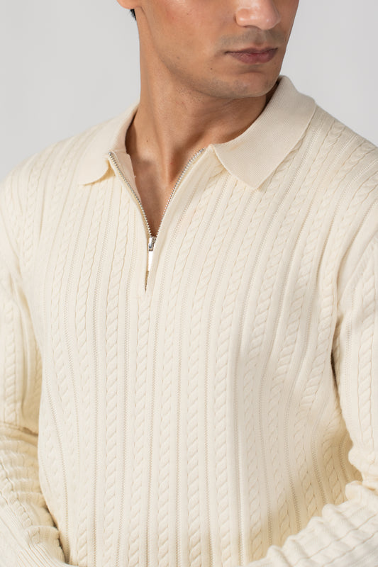 OFF WHITE CABLE KNIT HALF ZIP SWEATER POLO