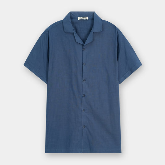 DENIM BLUE IRISH LINEN CUBAN COLLAR SHIRT