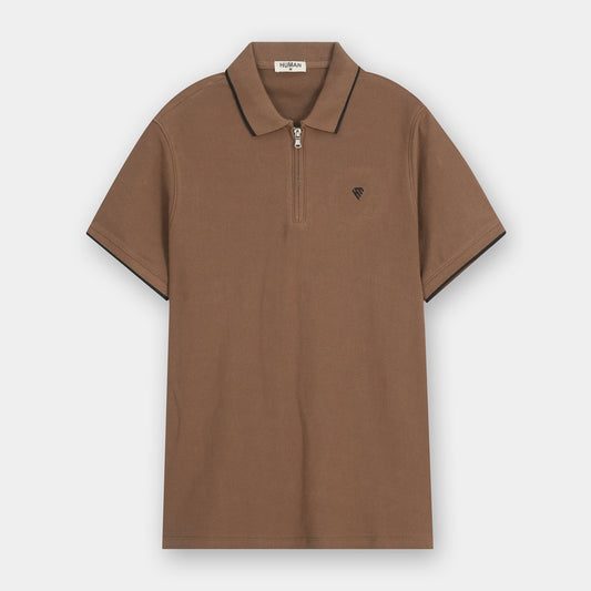 BROWN COTTON TEXTURE ZIP POLO