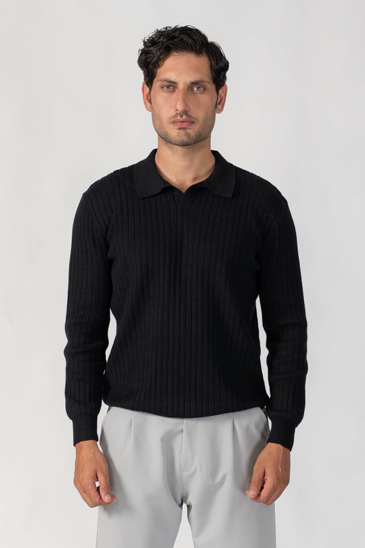 ELITE BLACK RIB KNIT SWEATER POLO