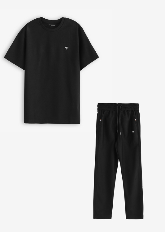 WOMEN BLACK WAFFLE KNIT TRACKSUIT