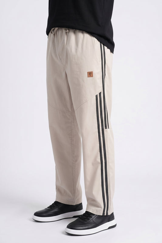 BEIGE STRIPE PANEL WOVEN TROUSER