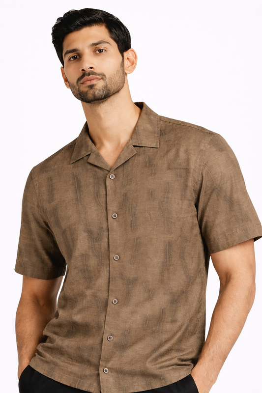 BROWN ABSTRACT PRINTED CUBAN COLLAR SHIRT