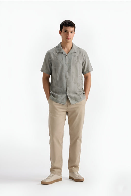 GREY ABSTRACT PRINTED CUBAN COLLAR SHIRT