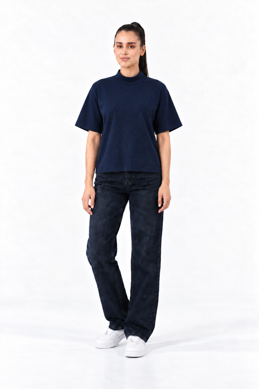 PAGEANT BLUE MOCK NEK BOXY FIT TEE