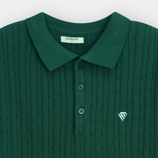 GREEN FINE CABLE KNIT TEXTURE POLO