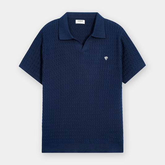 NAVY CABLE KNIT TEXTURE JOHNNY COLLAR POLO