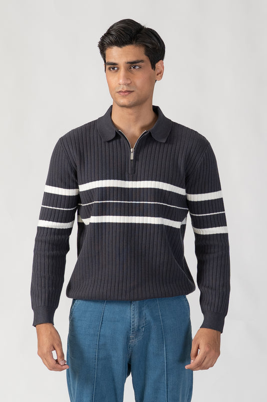 BLUE STRIPED HALF ZIP KNITTED SWEATER POLO