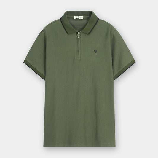 OLIVE GREEN COTTON TEXTURE ZIP POLO