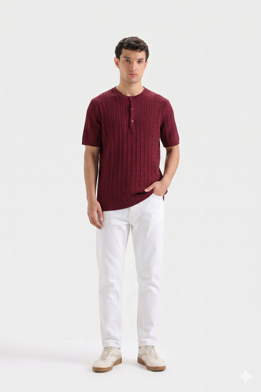 MAROON HENLEY CABLE KNIT TEE