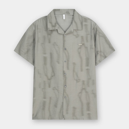 GREY ABSTRACT PRINTED CUBAN COLLAR SHIRT