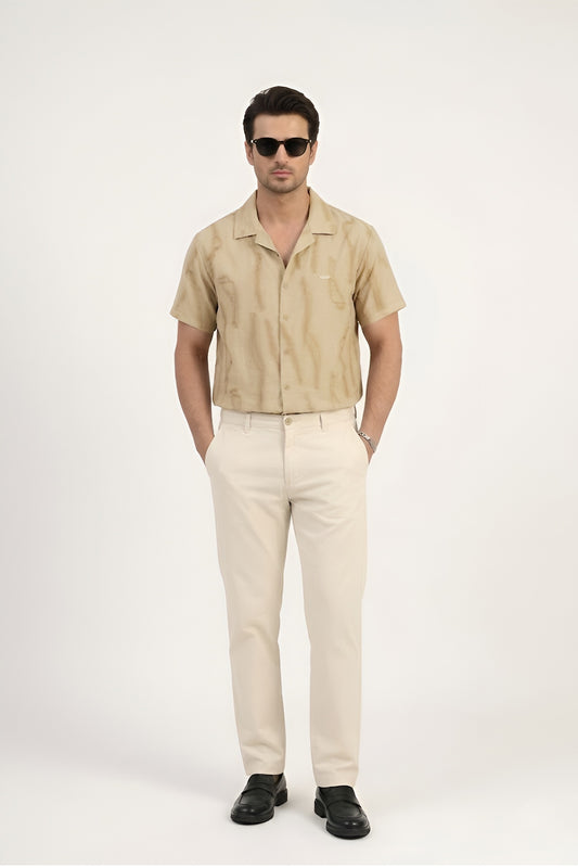 CAMEL ABSTRACT PRINTED CUBAN COLLAR SHIRT