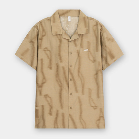 CAMEL ABSTRACT PRINTED CUBAN COLLAR SHIRT